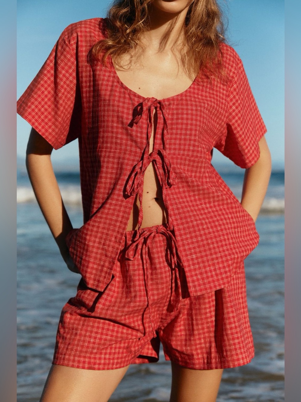 Plaid Tied Scoop Neck Short Sleeve Top and Drawstring Shorts Set